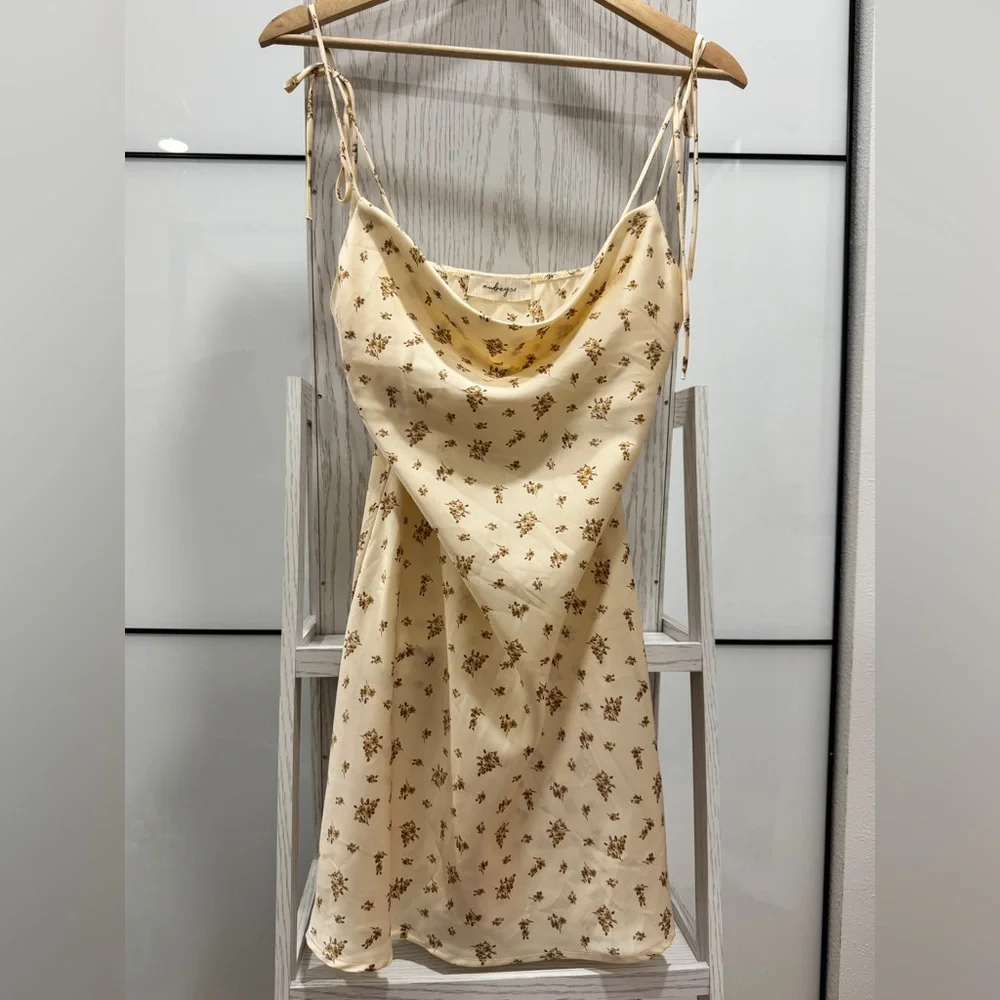 Brand New Champagne Beige Floral Cowl Neck Satin Slip Mini Dress Sleeveless - Picture 11 of 11